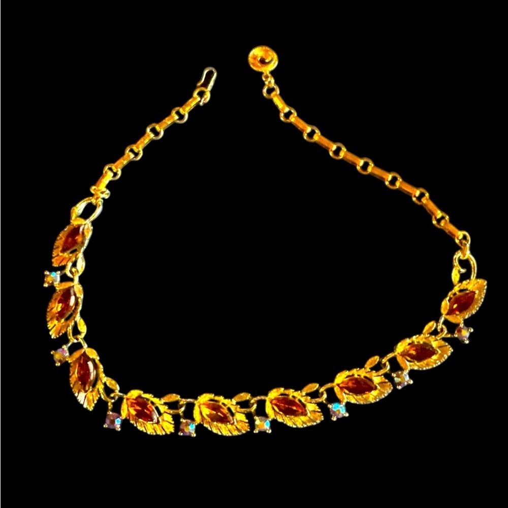 Lisner Brand Elegant Gold and Red Leaf Necklace with Crystal accents see pics